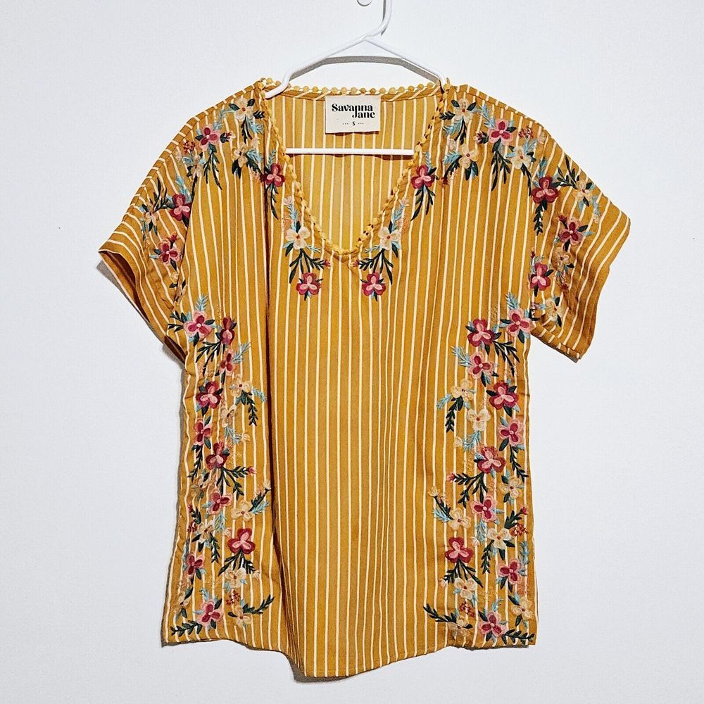 Savanna Jane Top Womens Size Small Striped Embroidered Floral Detail Cotton